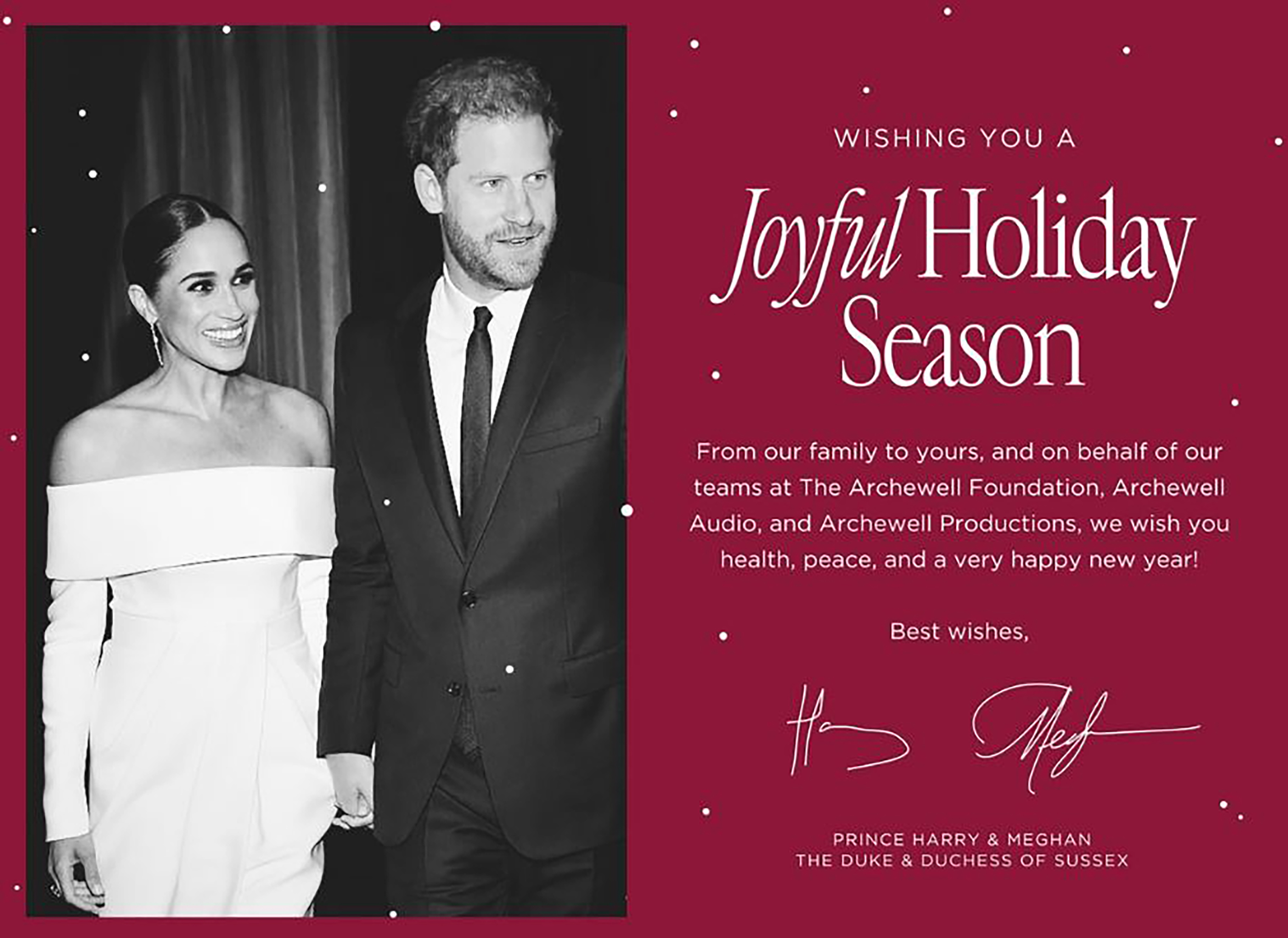 Le prince Harry et Meghan ont publié vendredi leur carte de Noël sans papier.
