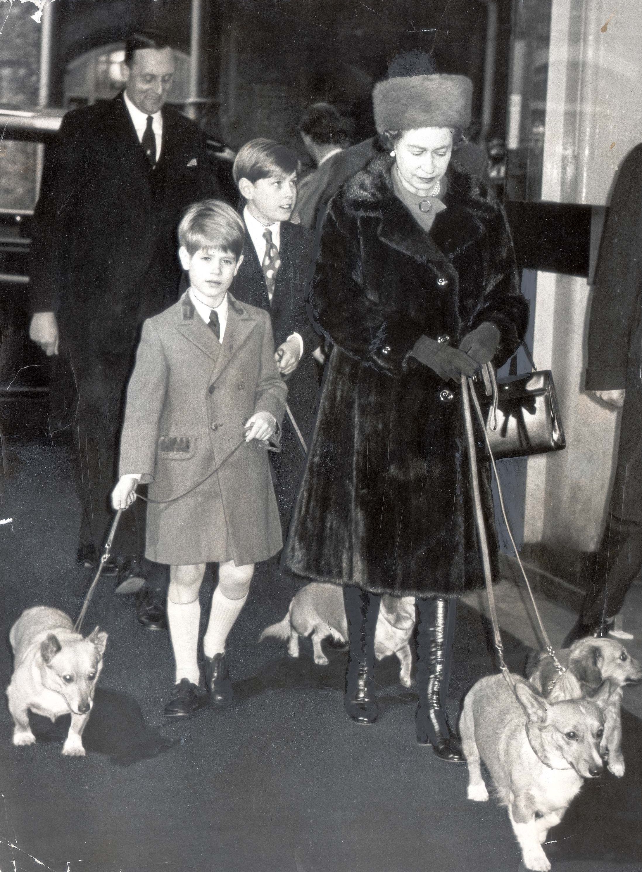 Des photos en noir et blanc des archives le montrent en train de s'occuper des corgis de la reine, alors qu'il était avec sa mère et son frère Andrew à la gare de Liverpool Street en 1971.