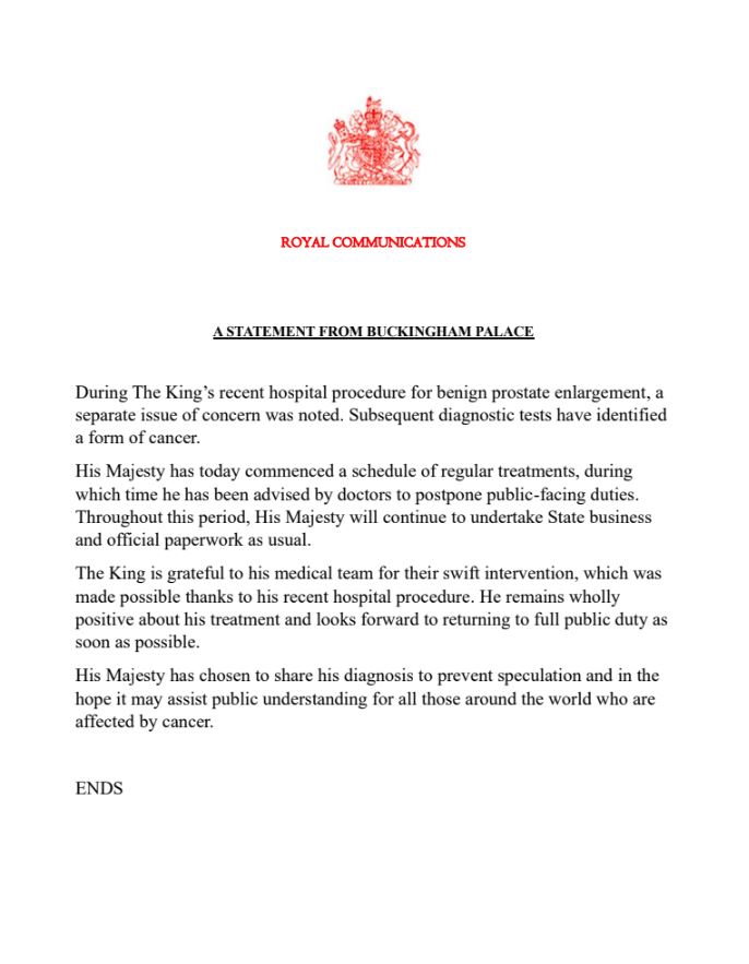 Buckingham Palace released a statement on the King's health today